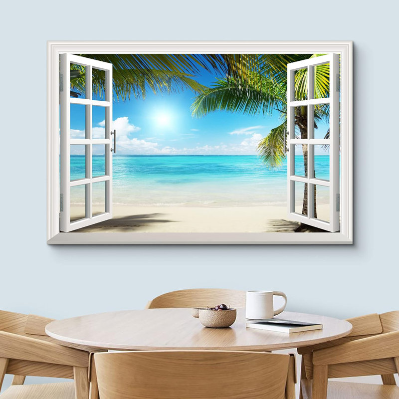 Fenêtre, paysage, palmier vert tropical, plage côtière, océan bleu, reproduction d'art sur toile