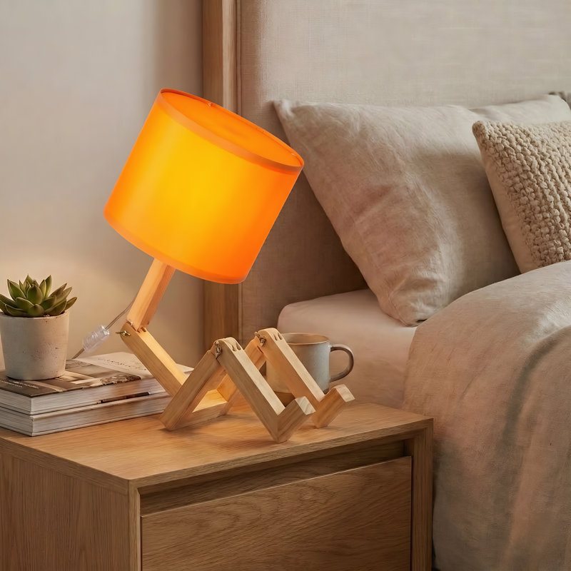 Man-shaped Adjustable Wooden Table Lamp With Fabric Shade And Book Rack – Modern Novelty Night Light, Light Orange