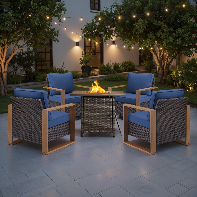 Drazen 4 - Person Patio Furniture Set With Fire Pit Table, All-Weather Wicker Outdoor Conversation Set With Chair And Thick Cushions