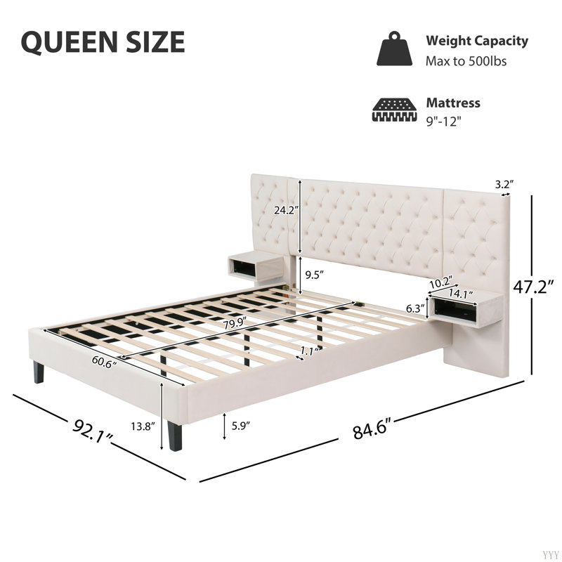  Lit plateforme avec tête de lit, lit plateforme tapissier moderne en velours avec 2 tables de chevet, Beige, Grand lit