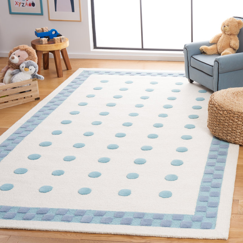 Tapis en laine / coton ivoire / bleu touffeté à la main à pois, Rectangle de 5 pi x 8 pi