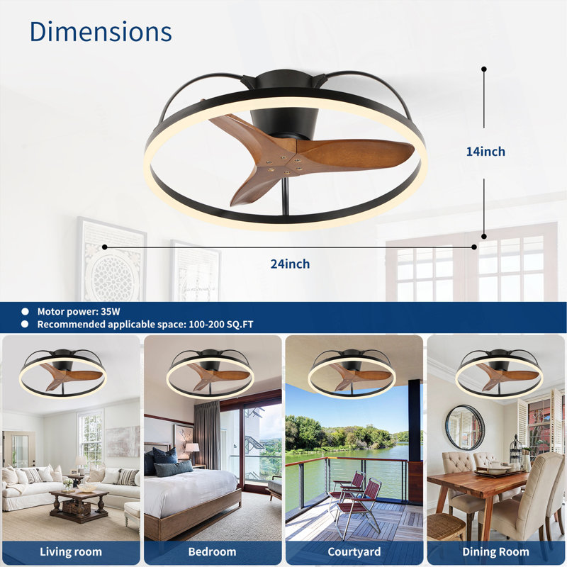 Ventilateur de plafond à pales en bois massif avec lumière et télécommande - Conception à profil bas de 24 po, ventilateur à DEL encastré moderne à intensité variable 3000-6000K, Fandelier pour chambre à coucher, cuisine, salon