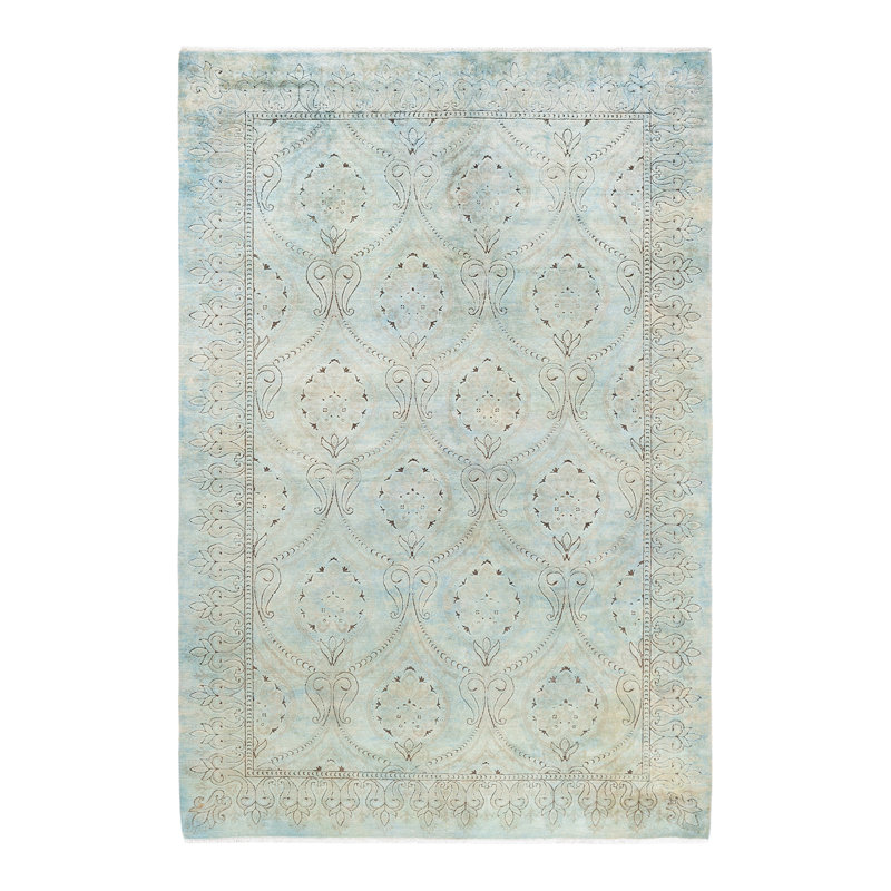 Tapis unique en laine noué à la main gris clair / bleu / brun nouvel âge 5 pi 6 po x 8 pi Hiltibrand