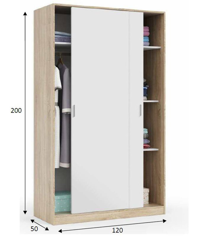 Casonja Cloakroom, Bedroom Wardrobe With 2 Sliding Doors, 3 Shelves And Clothes Hanger Bar, 120X50H200 Cm