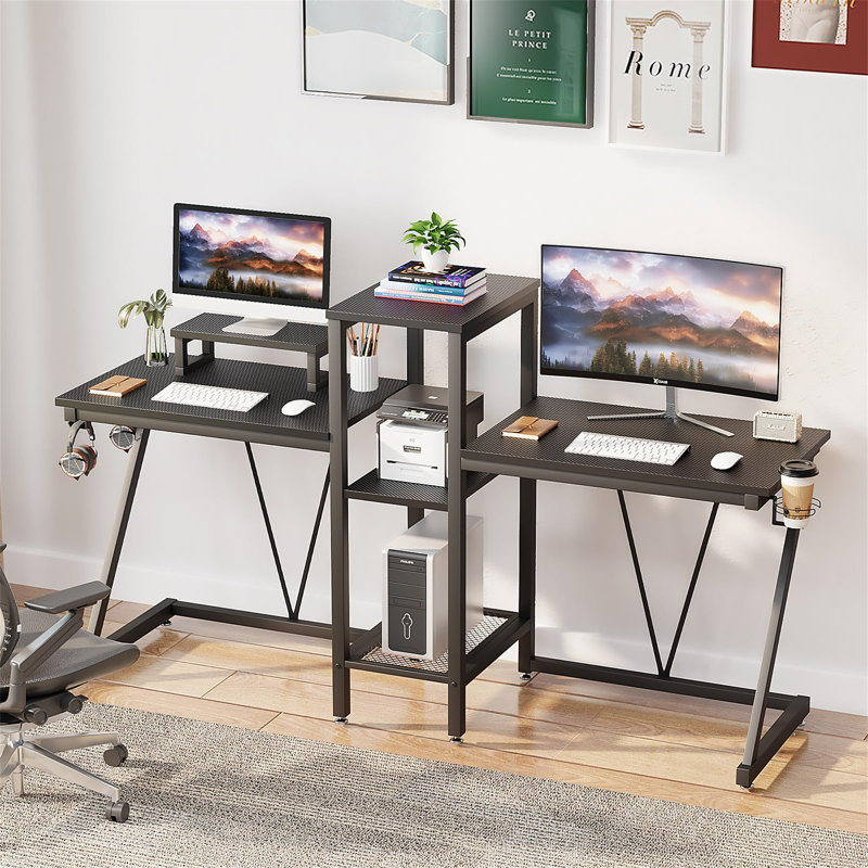 2-Person Gaming Table, Dual Computer Table With Monitor Stand And 2-Tier CPU Holder, 2 Headphone Hooks, Cup Holder