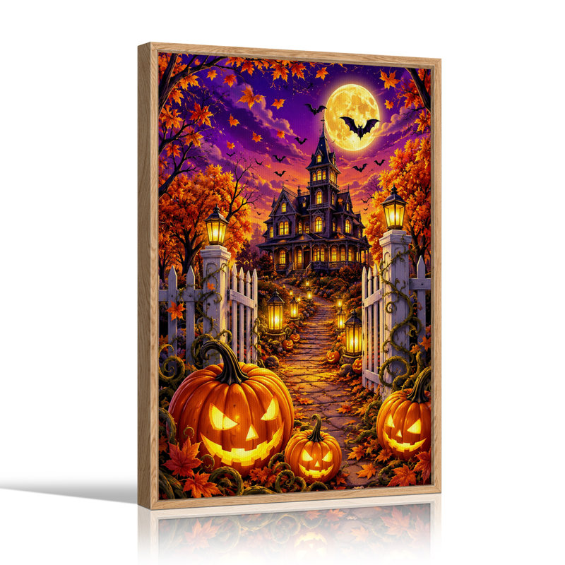 «Haunted House with Glowing Windows And Pumpkins», art mural sur toile, H 36 po x l 24 po