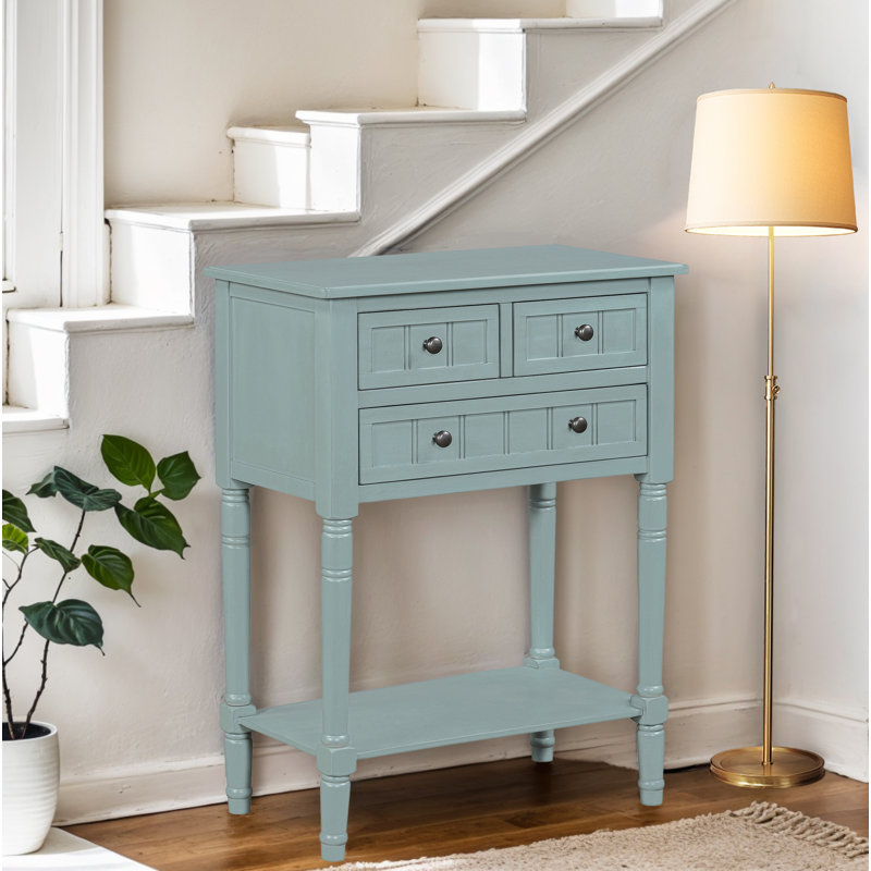Console Table With 3 Drawers And Bottom Shelf, Light Blue