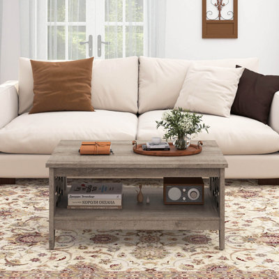 Table basse 39,5 po à 2 niveaux avec tablettes ouvertes pour rangement de décorations en chêne rustique