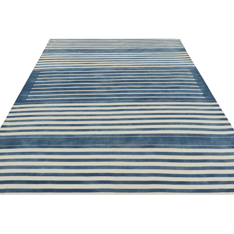 Rug & Kilim’S Contemporary Dhurrie Rug In Dark Blue And White Stripes, Rectangle 12' x 15'