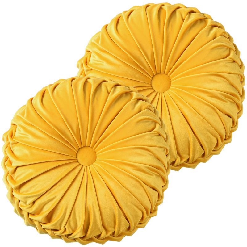 Set of 2 Yellow Velvet Round Pleated Throw Pillows