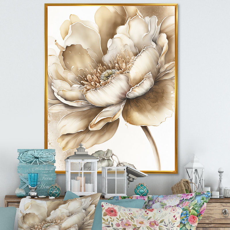 " Indigold Beige Flower IV " Painting Print, 32" H x 24" W x 1" D, Gold Floater Framed