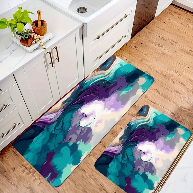 Ensemble de 2 tapis de cuisine en marbre bleu sarcelle à motif abstrait pour vestibule