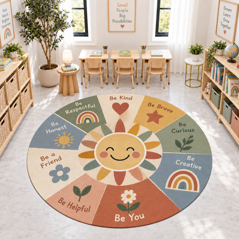 Tapis rond « Ultra Fin » 183 x 183 cm, motif soleil et valeurs de gentillesse, tapis d'intérieur doux à poils courts avec envers antidérapant en silicone, idéal pour les salles de classe, les garderies, les chambres d'enfants et les salles de jeux.