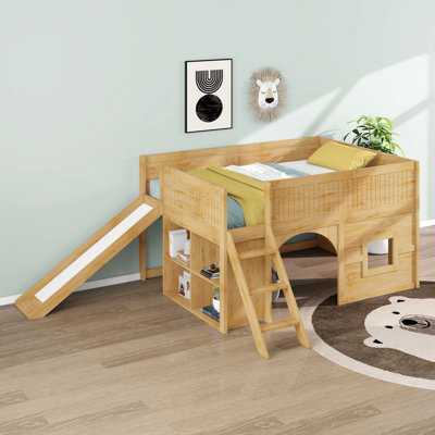 Full Size Low Loft Bed With Slide And Storage Shelves, Solid Wood House Bed With Door And Window Design, Ladder And Guardrails