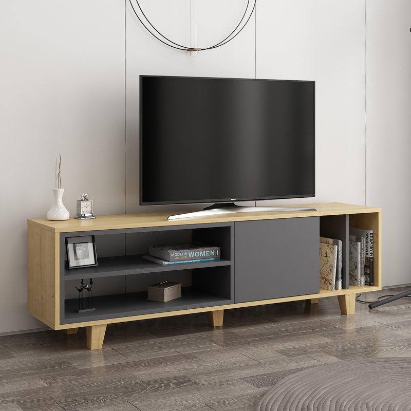 Meuble télé scandinave, chêne avec anthracite, 63,0 po x 13,8 po x 19,1 po | 100% panneau de particules enduit de mélamine, épaisseur: 0,7 pouce | Conception murale, plusieurs tablettes de rangement | Élégant avec centre de divertissement fonctionnel