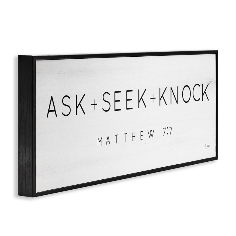 " Ask Seek Knock Minimal Religious Scripture Verse " by Jaxn Blvd., Midnight Black Framed Giclee, 10" H x 24" W x 1.5" D