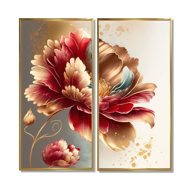 «Bold Red Floral Design I», art mural floral, H 40 po x l 40 po, Reproduction encadrée sans passe-partout, Doré
