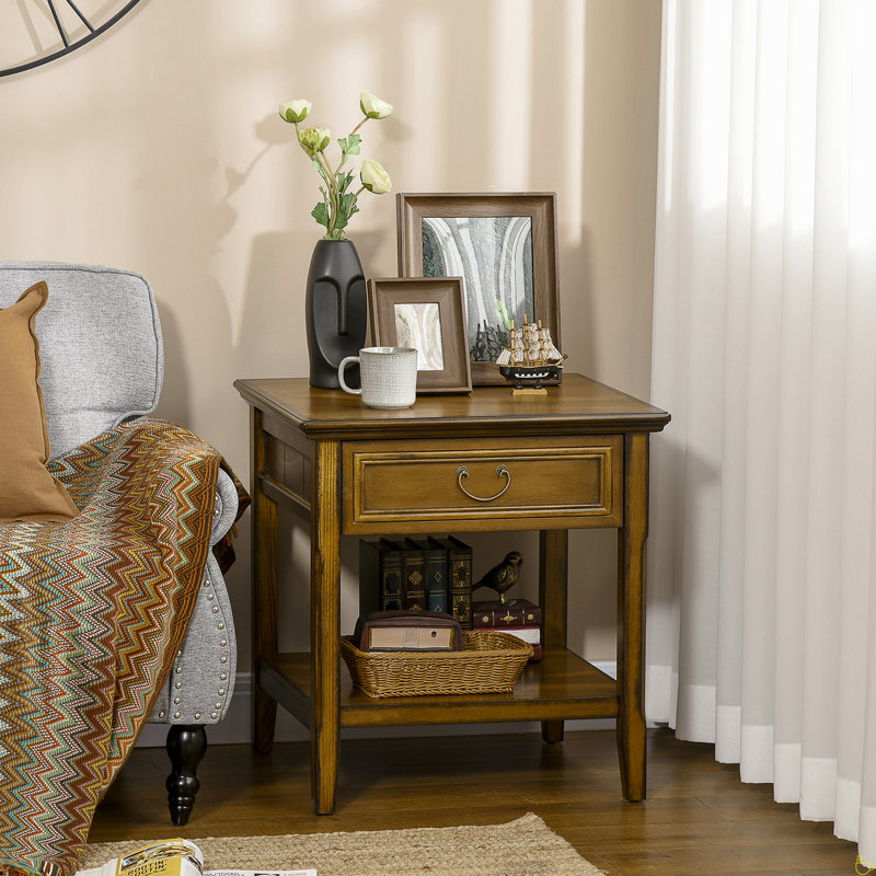Table d'appoint avec rangement, table de bout rétro avec tiroir et tablette ouverte, table d'appoint
