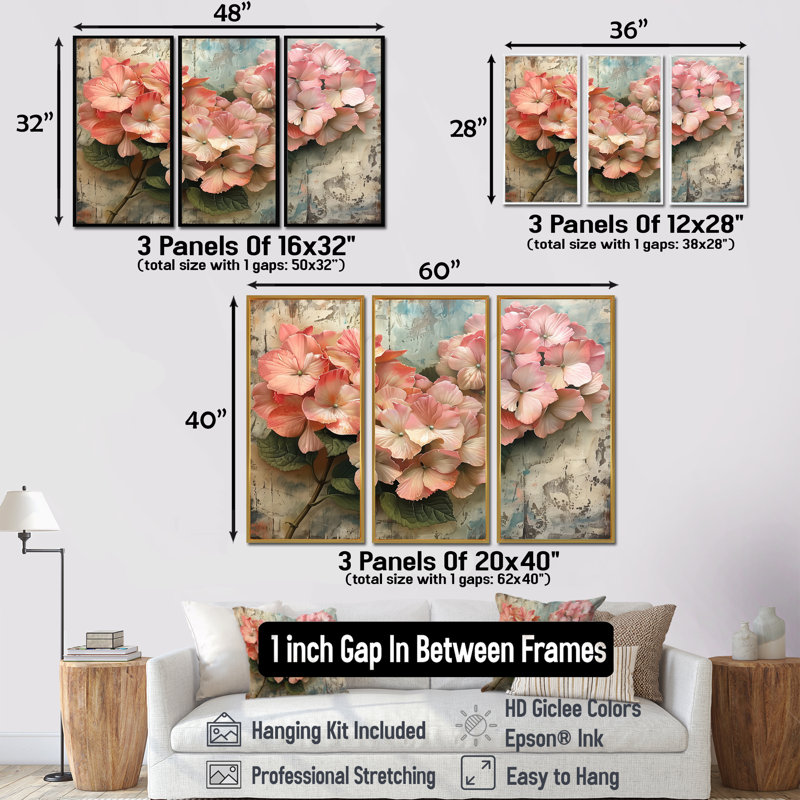 Hydrangea Country Charm I - Hydrangea, ensemble d'art mural, Toile avec cadre flottant noir, H 28 po x l 36 po x P 1 po