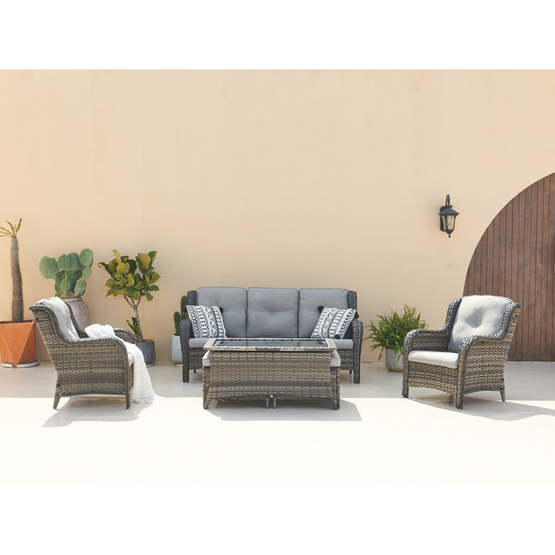 Outdoor Coffee Table with Tempered Glass Top, Wicker Patio Table, Ideal for Garden, Deck, and Yard, Gray