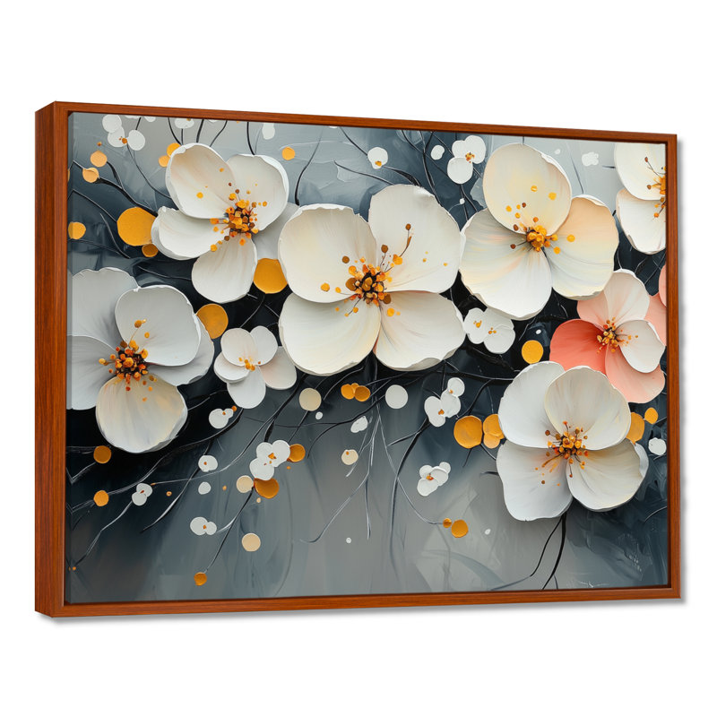 Mylasha rose, fleurs blanches et blanches Pure Bliss II - Fleurs murales, H 24 po x l 32 po, Cadre flottant, Brun