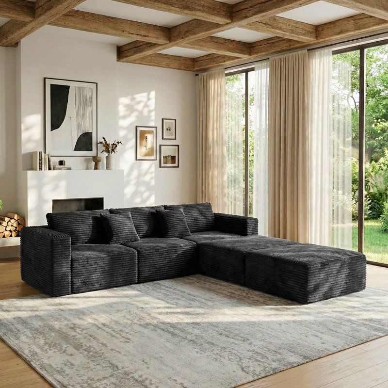 108" L-Shaped/U-Shaped Cloud Modular Sectional Sofa with 2 Ottomans,  Modern Minimalist Corduroy Upholstery  Black Couch, Deep Seat Sofas Compression Couches - No Assembly Required for Living Room