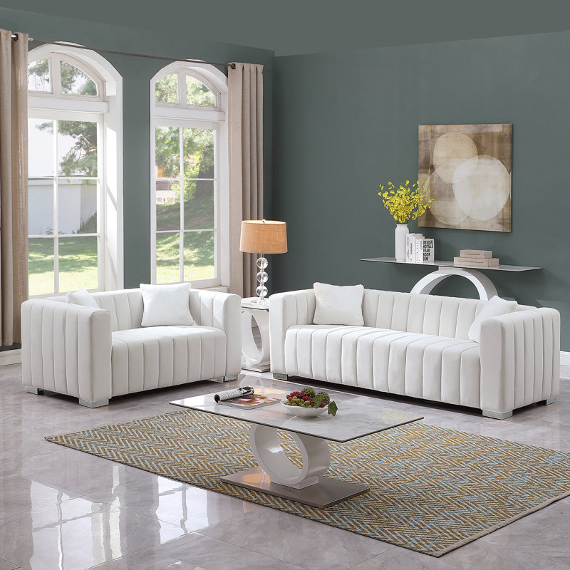 Ensemble de salon en velours 2 pièces Clifford, Velours blanc, Argent