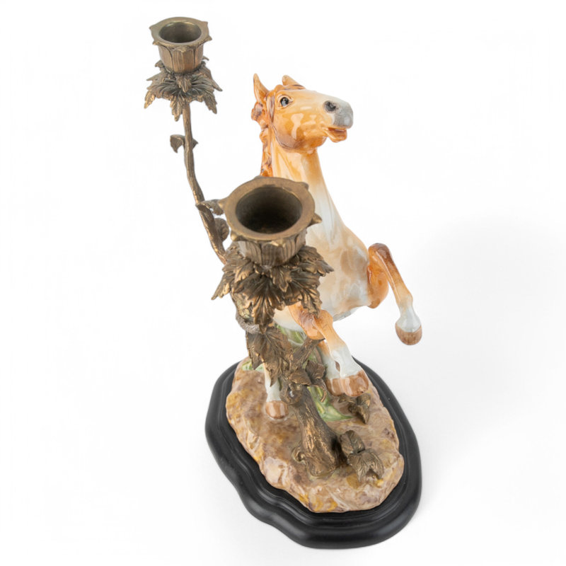 Porcelain Horse With Bronze Candle Holders on Wood Base