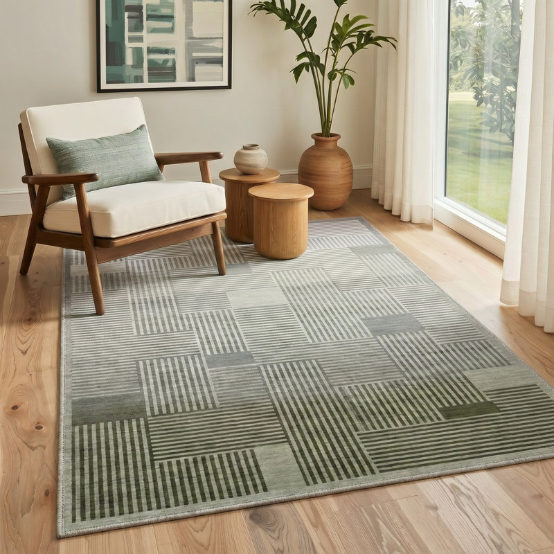 Tapis gris / ivoire lavable à la machine avec envers antidérapant, Rectangulaire 8 pi x 10 pi