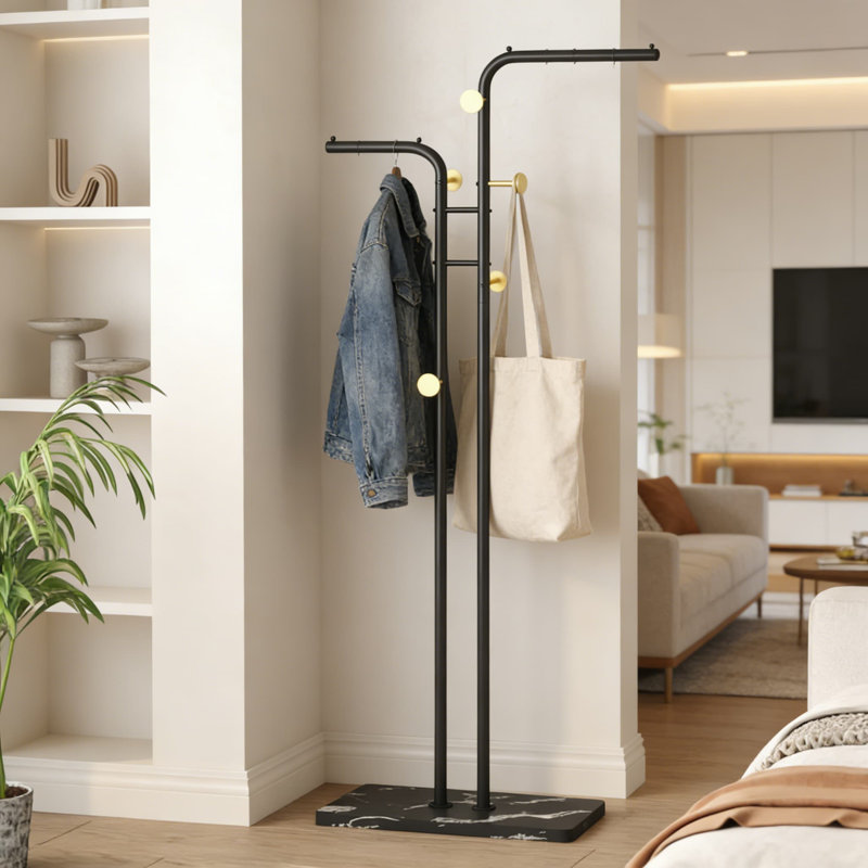 Freestanding Double-Pole Coat Rack With 5 Hooks, Metal Clothes Hat Stand For Entryway, Bedroom, Living Room, And Closet Organization
