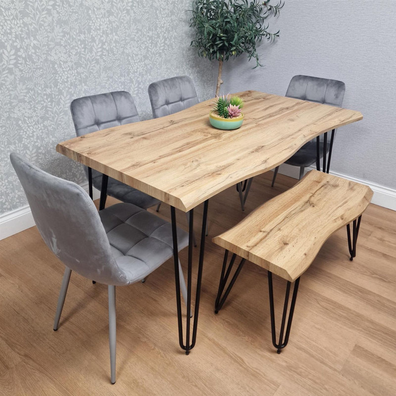 Wooden Dining Table With Bench and 4 Velvet Chairs - Stylish Dining Room Furniture, Grey