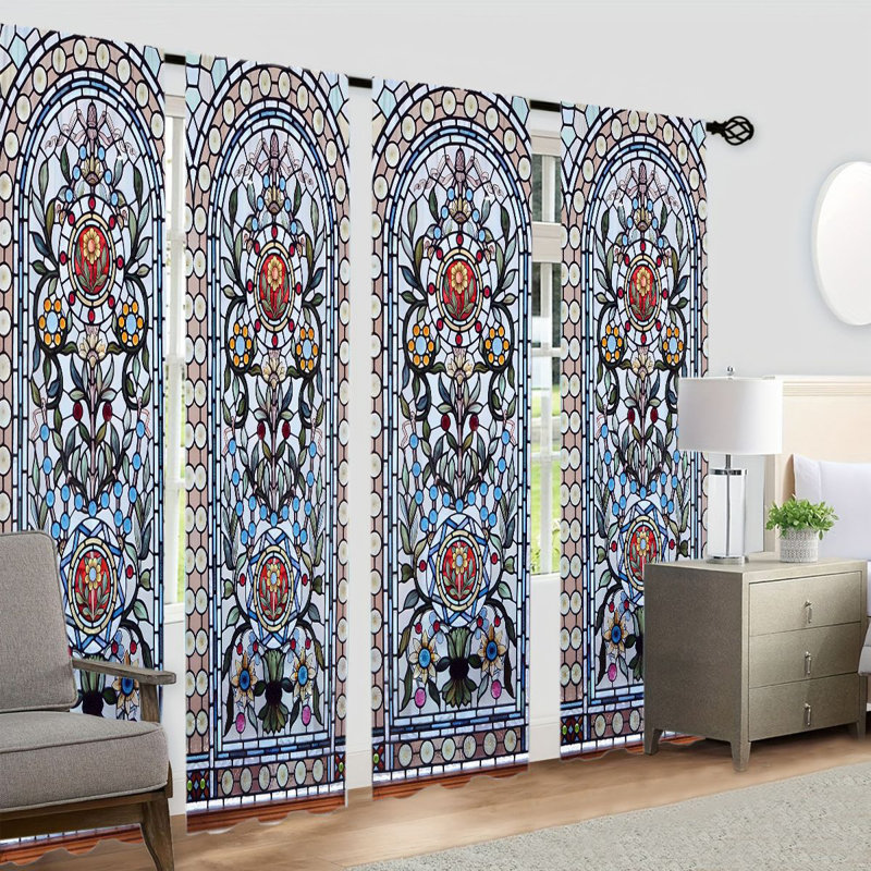 4Pcs Vintage Stained Glass Window Pattern Panel Curtain, Gothic Cathedral Church Style Floral Art Sunshade, Luxury Home Dining Room Living Bedroom Decoration, Indoor Aesthetic Ornament, Easy To Clean, Suitable For All Seasons