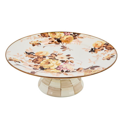 Mocha Check Wild Rose White Large Pedestal Platter