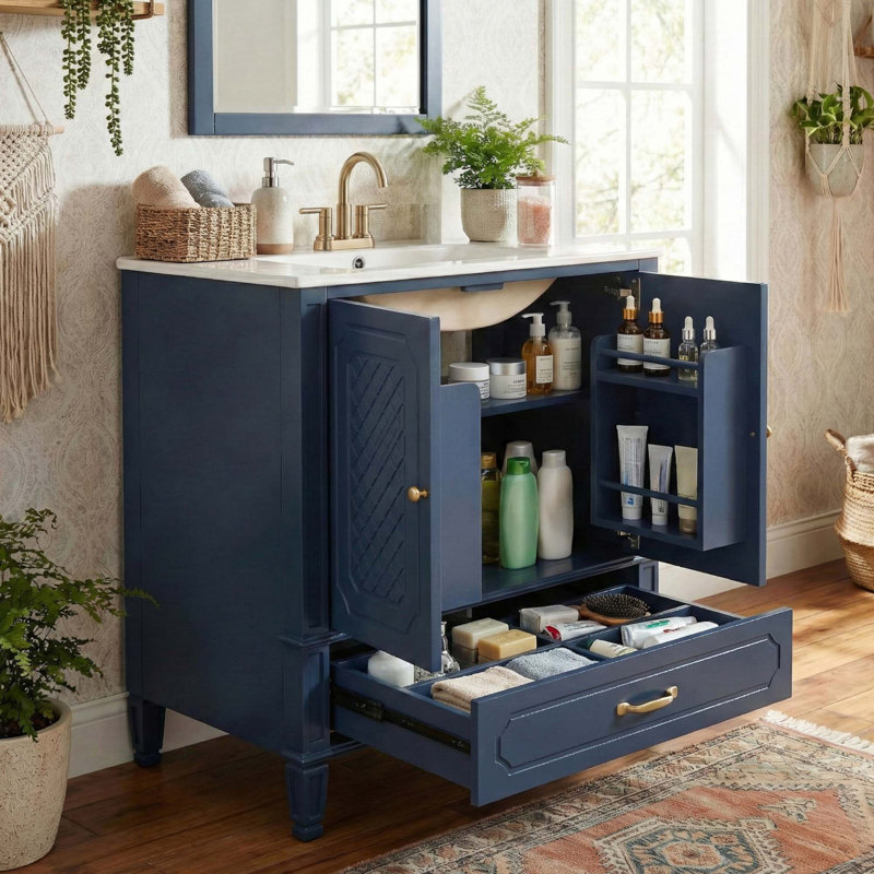 Meuble-lavabo de style rétro avec portes à fermeture douce et rangement multifonctionnel