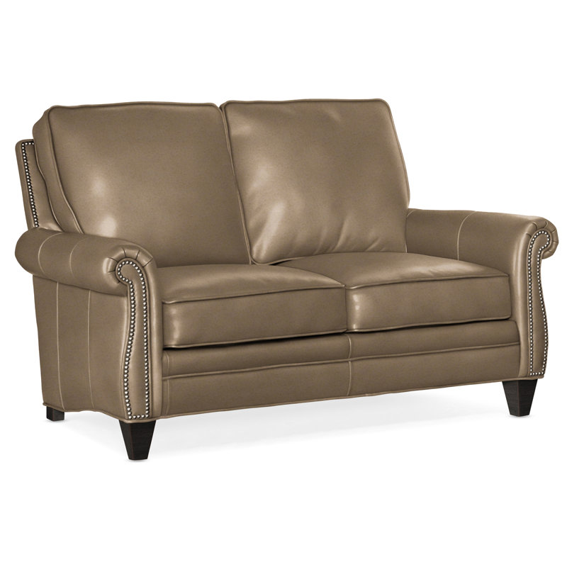 Reddish Leather Loveseat, Plantation, #9 Pewter, Anilina Cacao Genuine Leather