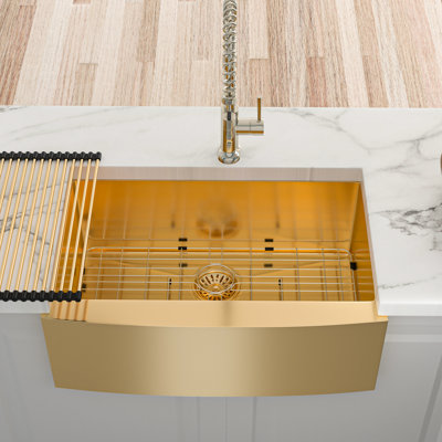 30" Stainless Steel Gold Sink, Nano Technique, Easy Drain, Quiet Cooking Environment Kitchen Sink Gold, 16g, R10 Corner, Maintenance, Included Dish Grid