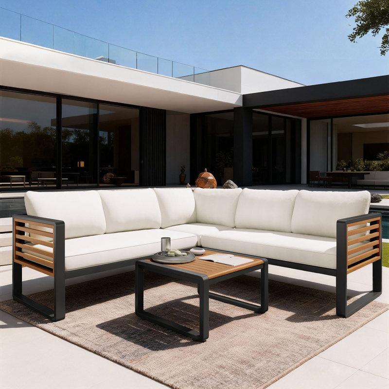 Abdel 4 Pieces Patio Conversation Sets with Cushions,L-shaped Sofa for Garden, Beige