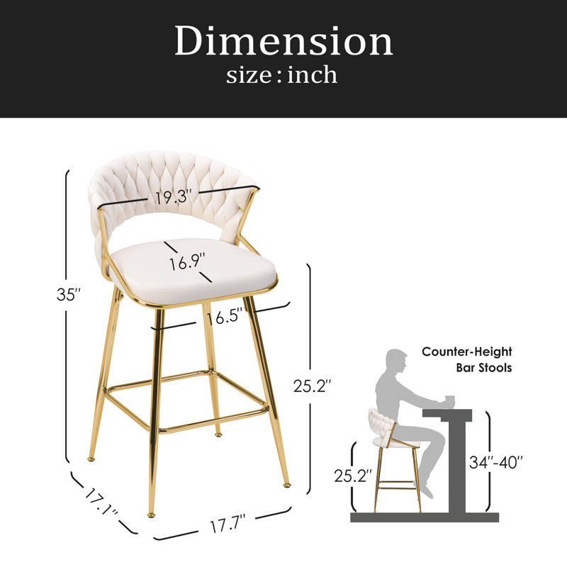 Tabouret de comptoir moderne en velours de 25,2 po avec accents dorés, conception ergonomique et siège moelleux pour îlot de cuisine et bar