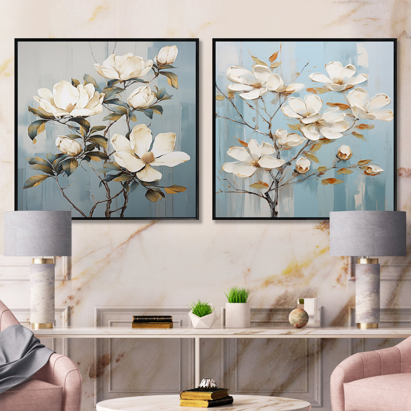 «Magnolias» bleu et doré - ensemble de 2 collages carrés magnolia, Cadre flottant noir, H 16 po x l 33 po