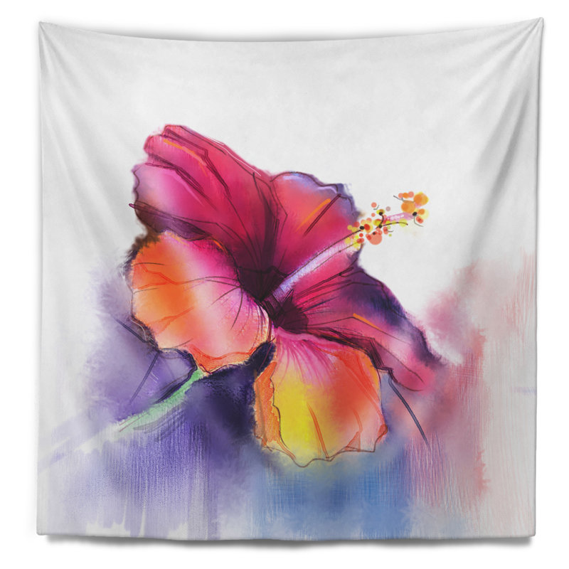 Hibiscus rouge et jaune avec tapisserie bleue, H 32 po x l 39 po