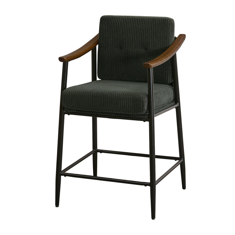 26-inch Medieval Style Bar Stool, Wooden Armrests, Sturdy Thickened Metal Frame, Classic High Stool, 1, Green Corduroy