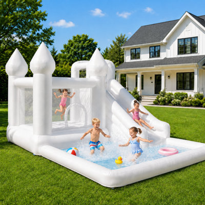 13.7 Ft White Bounce House with Slide, Ball Pit & Blower, Oxford Fabric Inflatable Jumping Castle for Kids Indoor & Outdoor Play and Backyard Parties