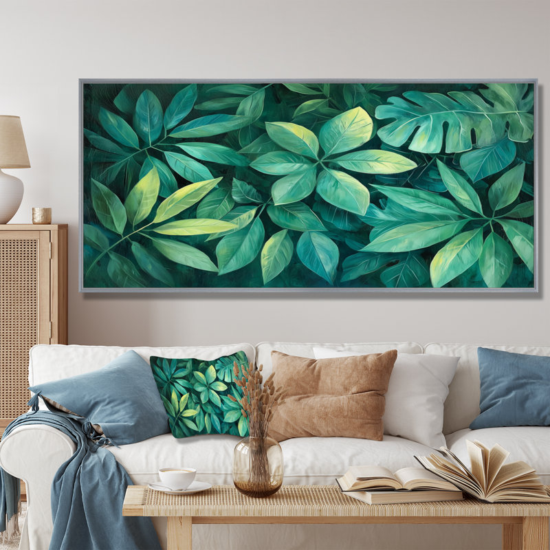 «Green Rainforest Canopy Leaves» - art mural feuilles, Argent argent, H 28 po x l 60 po, Reproduction avec cadre flottant