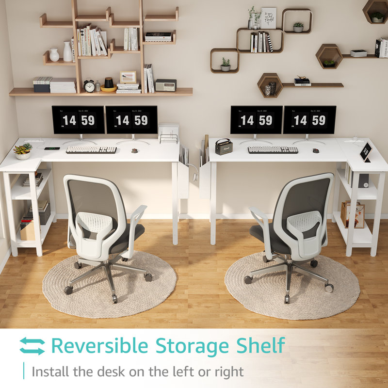 Built-in Outlets / USB L-Shaped Desk Computer Desk, White/White, 28.9" H x 47.2" W x 27.6" D