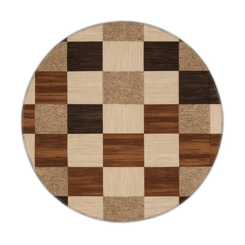 Checkered Brown Indoor and Outdoor Area Rug, Round 5'