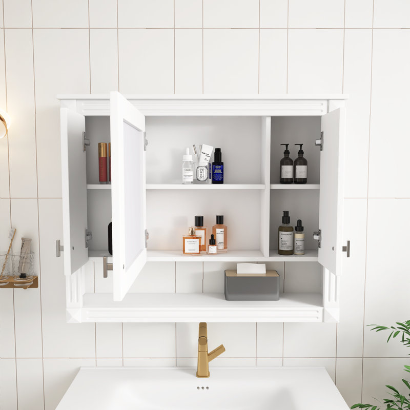 Armoire de salle de bain blanche 35 "avec miroir, armoire à pharmacie murale blanche avec tablette ouverte