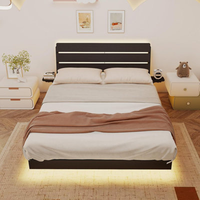 Queen Size Floating Bed Frame With RGB LED Lights, App Control, Charging Station & Storage Headboard, No Box Spring Needed, Black MDF + Metal Platform Bed For Bedroom