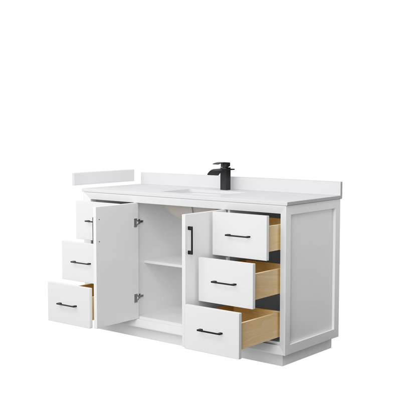 Ensemble de meuble-lavabo simple 60 po Strada, Noir mat, Blanc, Marbre de culture blanc