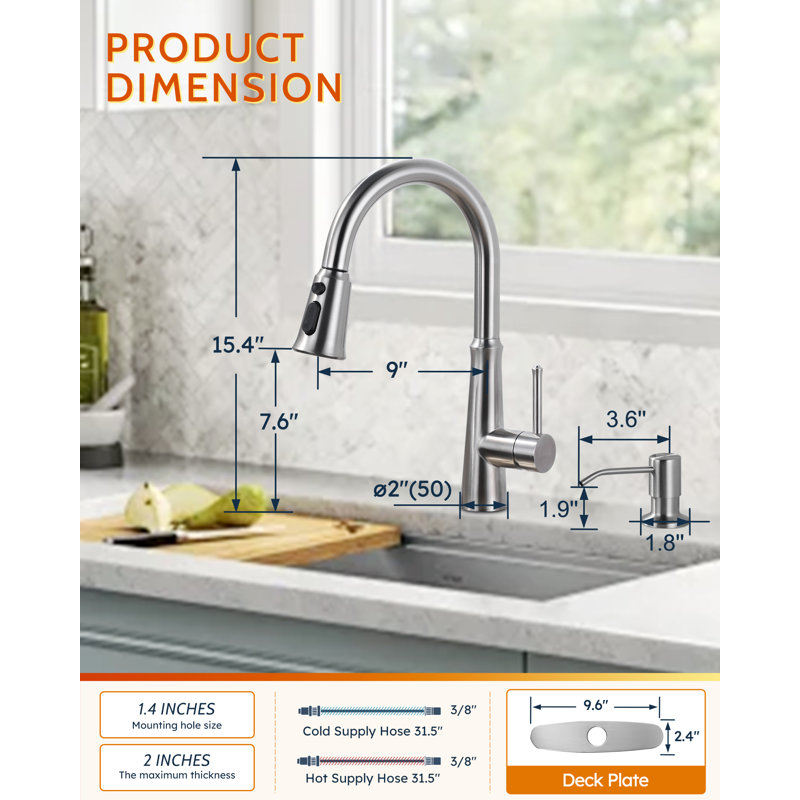 Robinet de cuisine rétractable à poignée simple avec distributeur de savon et accessoires, Nickel brossé