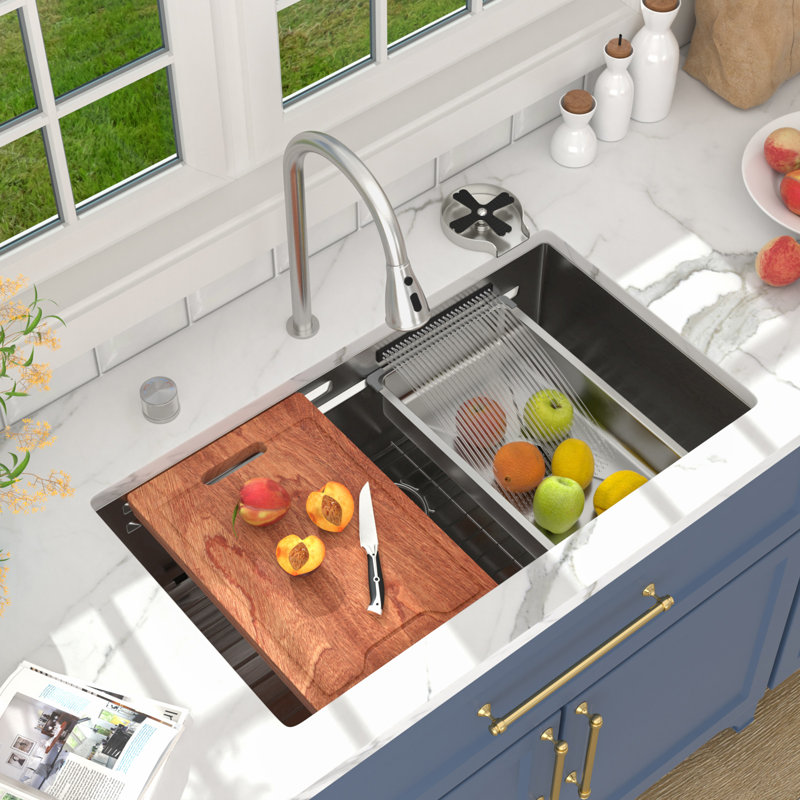 33" L x 17" W Undermount Waterfall Kitchen Sink Ledge Workstation Single Bowl Sink 16 Gauge Stainless Steel Kitchen Sink with Accessories